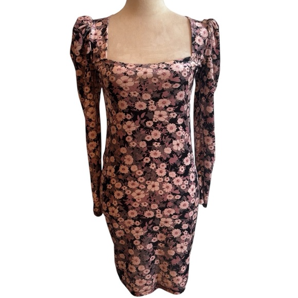 Betsey Johnson Pink Floral Velvet Long Puff Sleeve Mini Dress Wedding Cocktail M - Picture 1 of 12